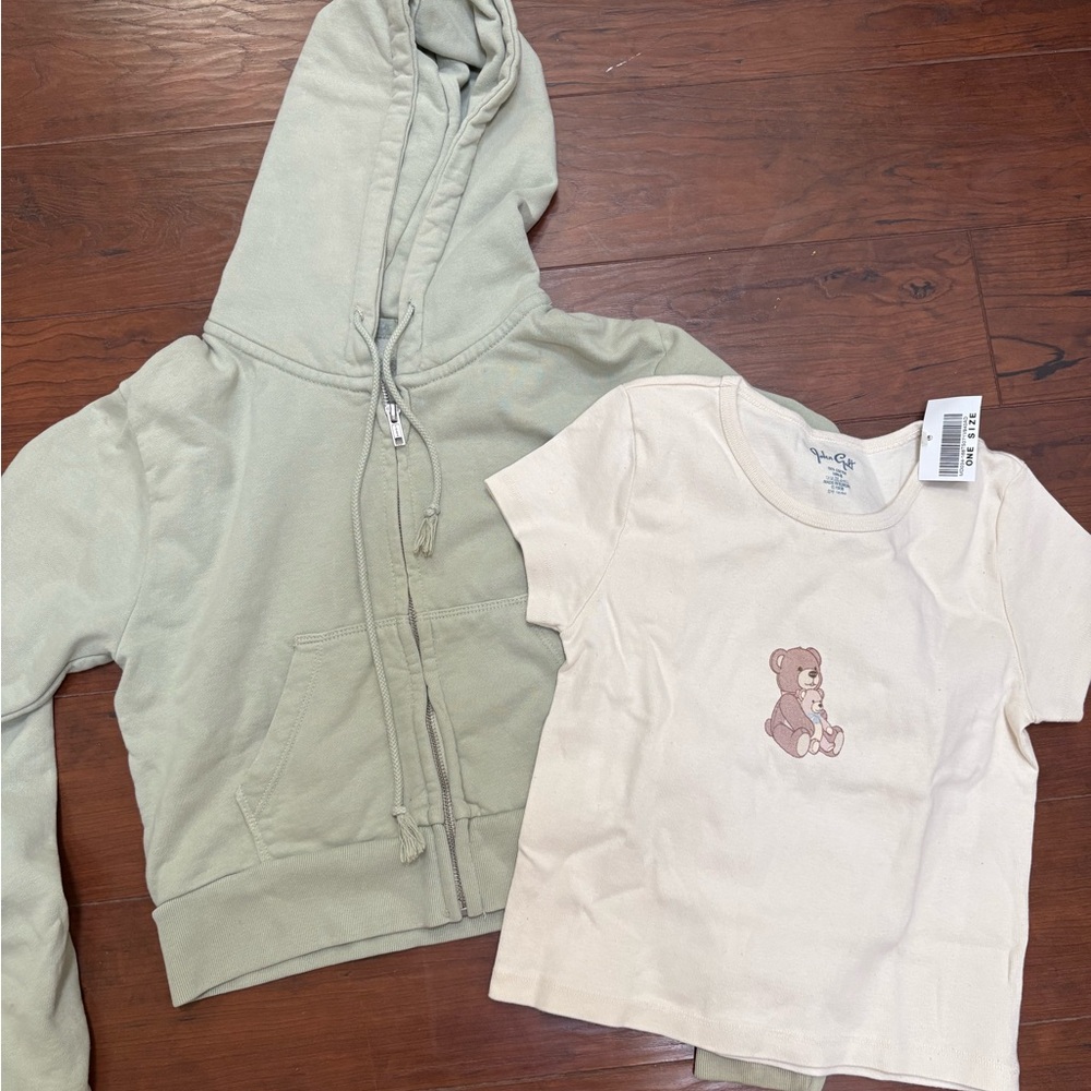 John Galt Cream Teddy Bear T-Shirt and green hoody